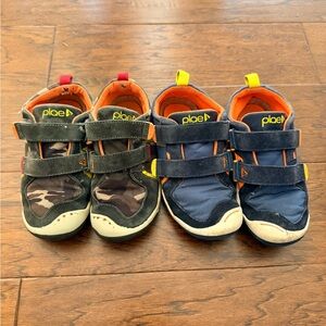 PLAE Kids Double-Strap Sneakers in Olive Camo and Navy with Orange Accents
